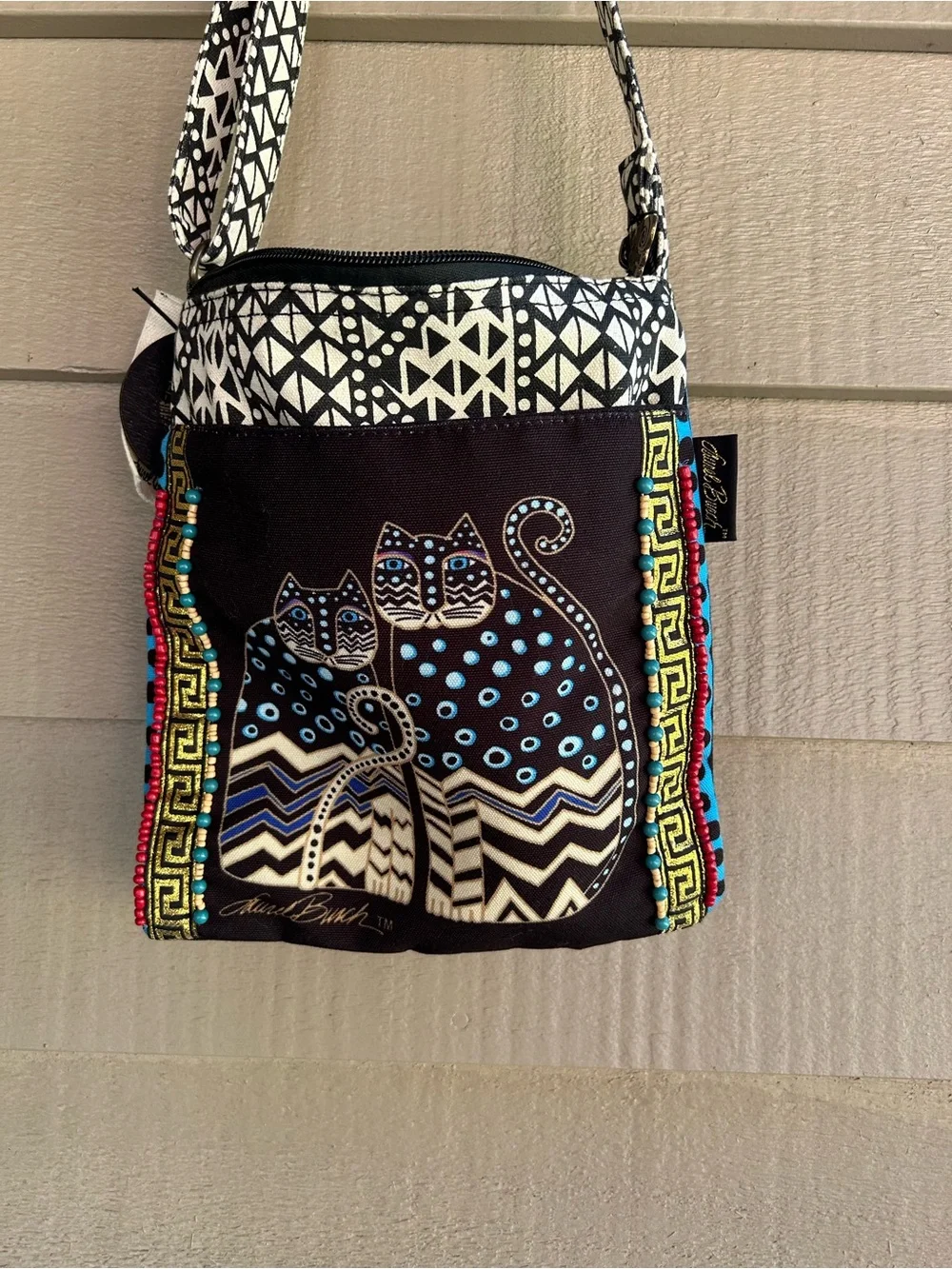 Laurel Burch Black Crossbody Bag with Blue, Cream and Red Accents loveable Cats